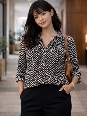 Women’s Black & White Printed Button-Front Blouse